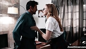 College babe Alexa Grace bangs with horny dean and begs him to fuck her tight teen cunt.